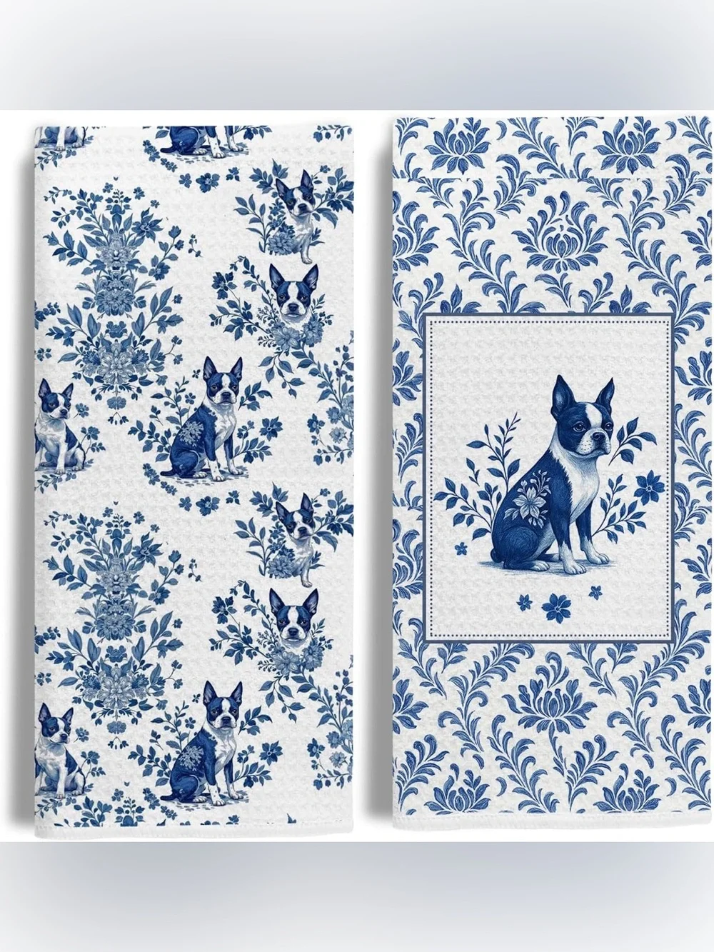 Blue Floral Boston Terrier Pet-Themed Kitchen Towels set of 2